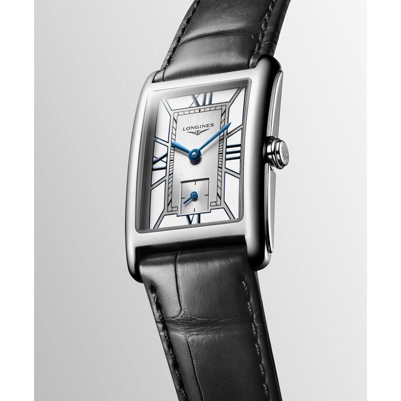 Longines DolceVita rectangular stainless steel watch with a silver dial, blue hands, and a black alligator leather strap.