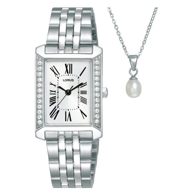 Lorus Ladies Rectangle White Dial Necklace Set