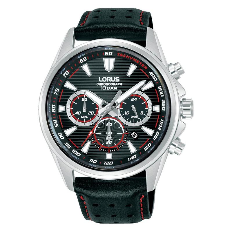 Lorus Men's Black Leather Sport Chronograph Watch