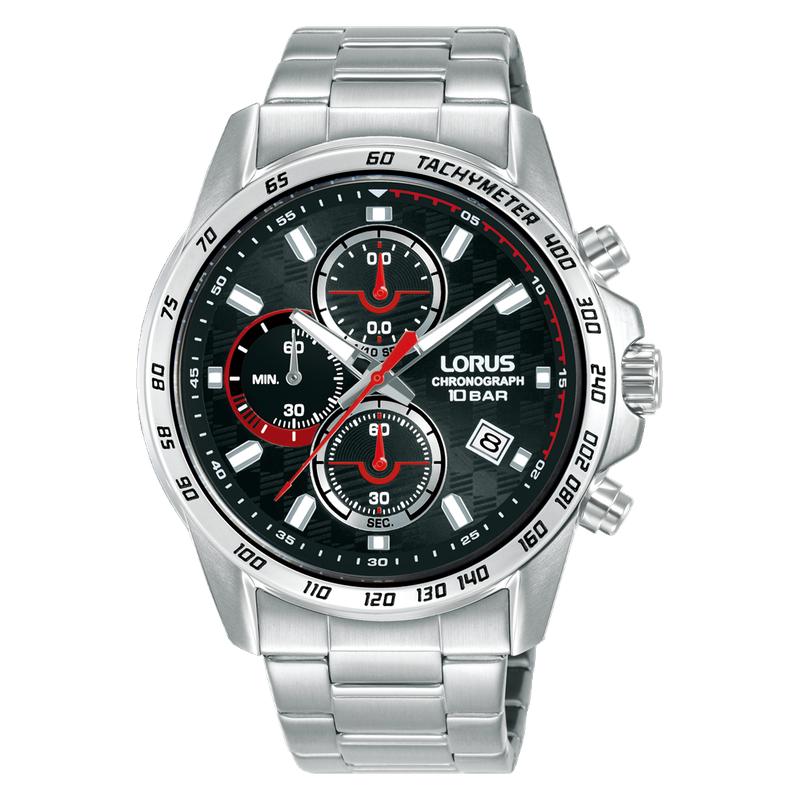 Lorus Sports RM305KX9 Men's 43mm Quartz Chronograph Watch Black Sunray Dial