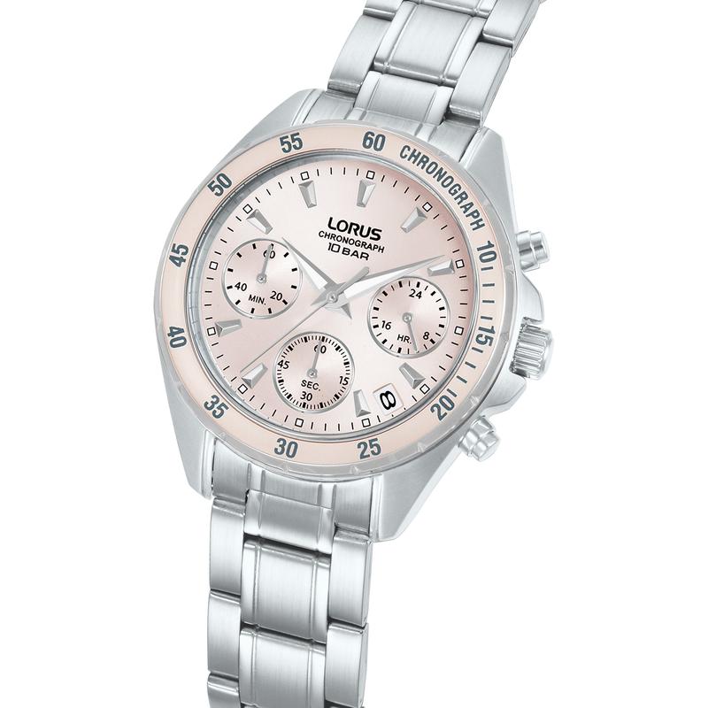 Lorus Sports Women's Quartz Chronograph Watch Light Pink Sunray Dial