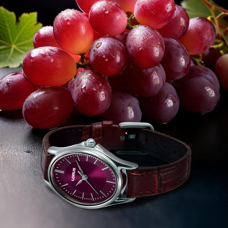 Lorus Women's Quartz Watch Silver Dark Red Sunray Dial