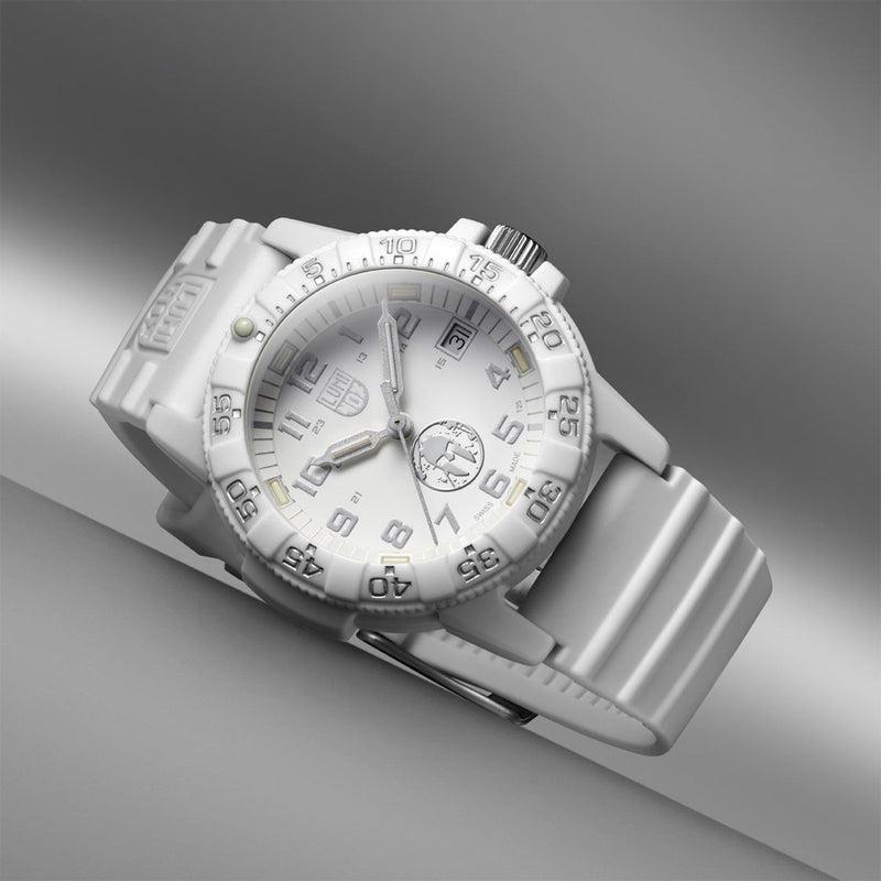 Luminox Leatherback SEA Turtle 39mm watch featuring a white carbon case, matching silicone strap, and luminous white dial.