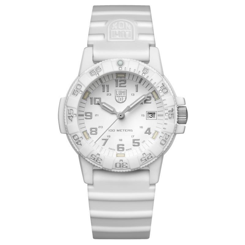 Luminox Leatherback SEA Turtle 39mm watch featuring a white carbon case, matching silicone strap, and luminous dial.
