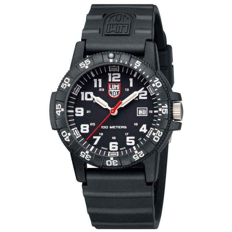 Luminox Leatherback Sea Turtle Giant 44mm watch with black CARBONOX case, black dial, and durable black PU strap.
