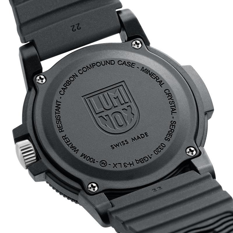 Black CARBONOX case back of the Luminox Leatherback Sea Turtle Giant watch with engraved Swiss Made branding.