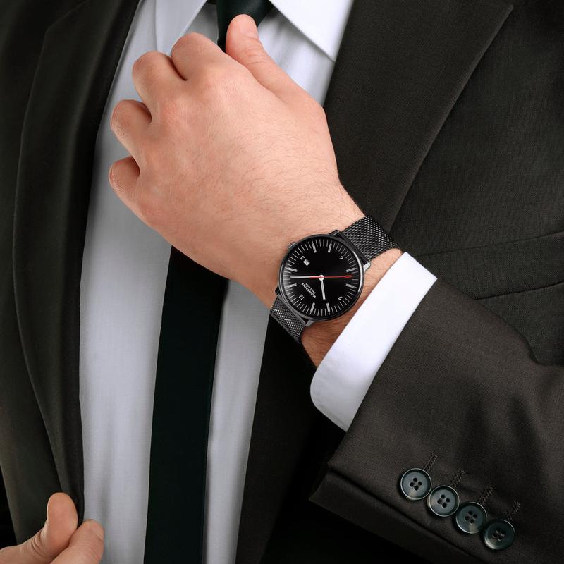 Mondaine Doppio Black Stainless Steel Watch