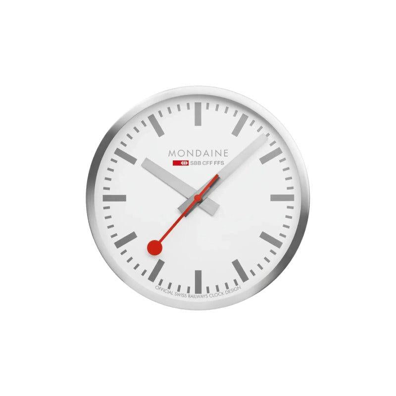 Mondaine 25cm wall clock featuring a brushed aluminium case, white dial, and iconic red second hand design.