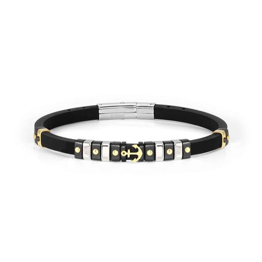 Nomination City Bracelet, Rubber & Anchor, Black and Yellow PVD, Stainless Steel