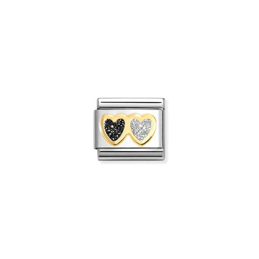 Nomination Composable Link Double Heart, Black And Silver, 18K Gold & Glitter Enamel