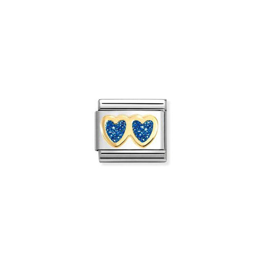 Nomination Composable Link Double Heart, Blue, 18K Gold & Glitter Enamel