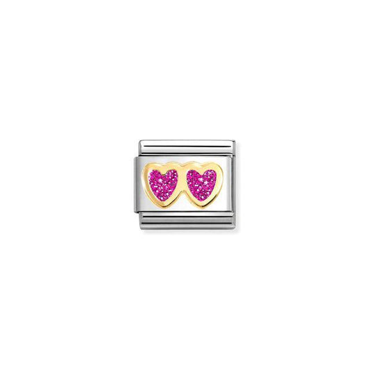 Nomination Composable Link Double Heart, Fuchsia, 18K Gold & Glitter Enamel