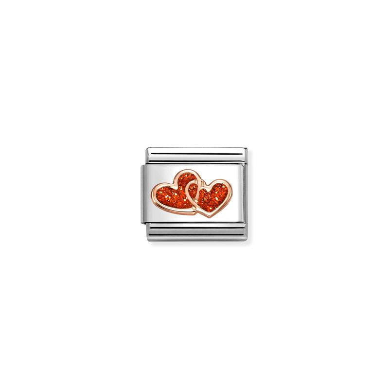 Nomination Composable Link Double Hearts with Glitter, 9K Rose Gold & Enamel