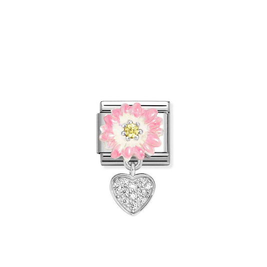 Nomination Composable Link Flower, Heart Hanging Charm, Silver & Enamel