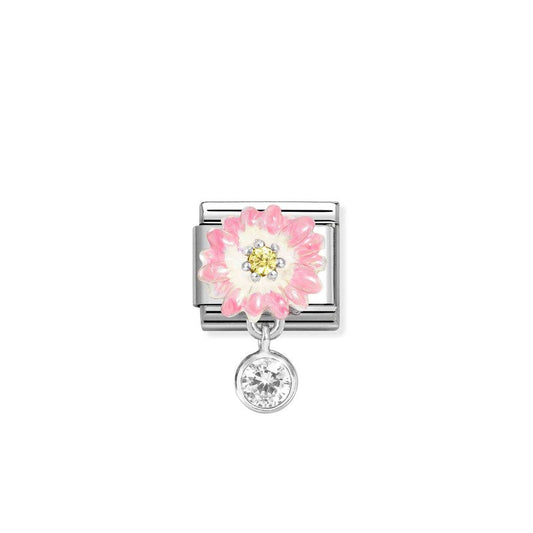 Nomination Composable Link Flower, Round Stone Hanging Charm, Silver & Enamel