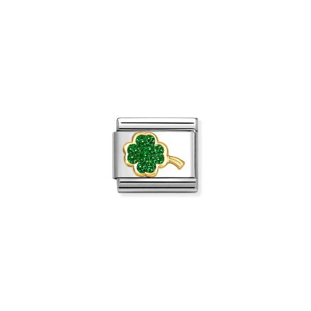 Nomination Composable Link Four-Leaf Clover, Green, 18K Gold & Glitter Enamel
