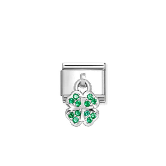Nomination Composable Link Four-Leaf Clover Hanging Charm, Green Cubic Zirconia, Silver