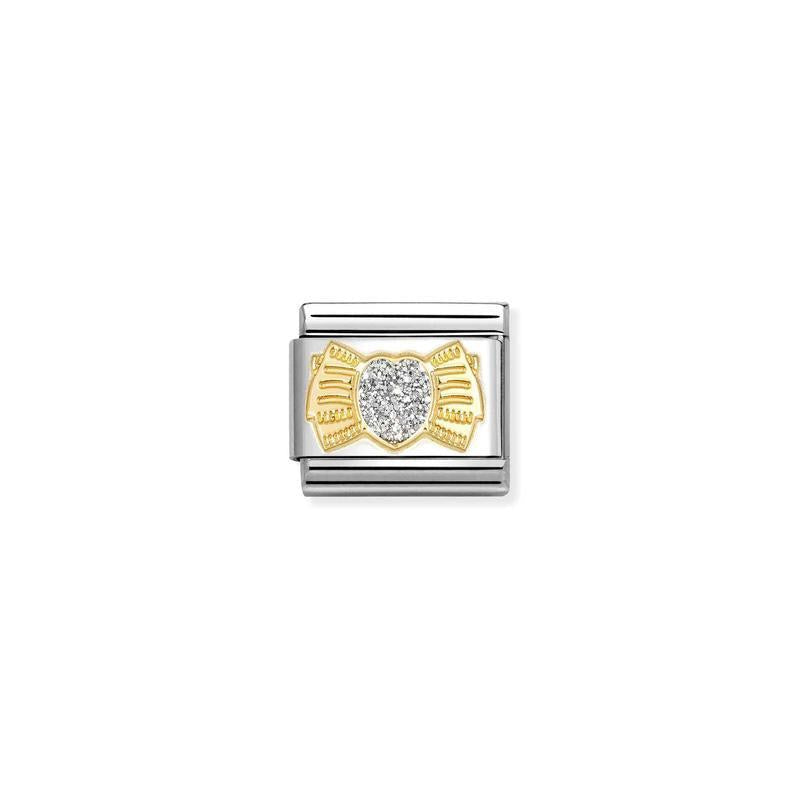 Nomination Composable Link Heart Bow with Silver Glitter, 18K Gold & Enamel - front