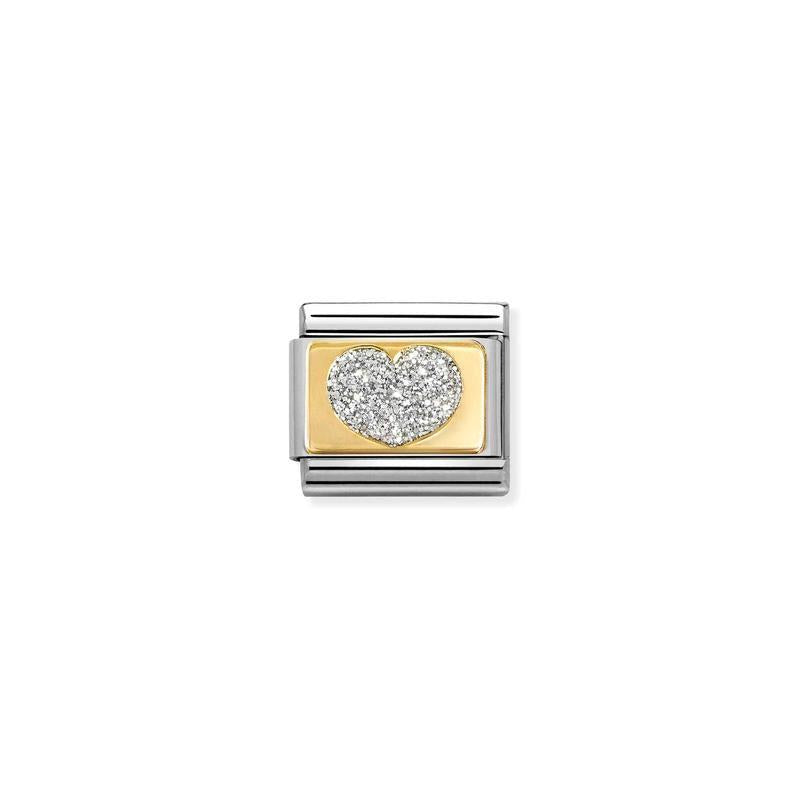 Nomination Composable Link Heart Plate with Silver Glitter, 18K Gold & Enamel - front