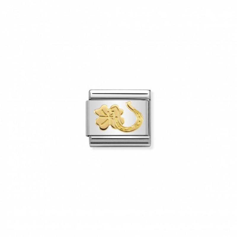 Nomination Composable Classic link in stainless steel with 18K gold horseshoe and four-leaf clover good luck symbols.