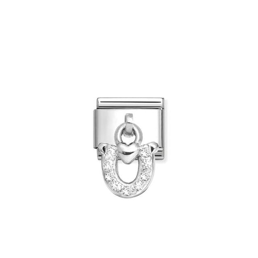 Nomination Composable Link Horseshoe With Heart Handing Charm, White Cubic Zirconia, Silver