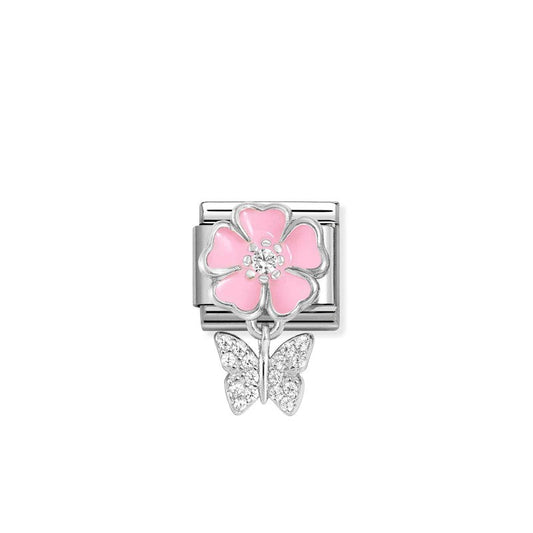 Nomination Composable Link Pink Flower, Butterfly Hanging Charm, Silver & Enamel