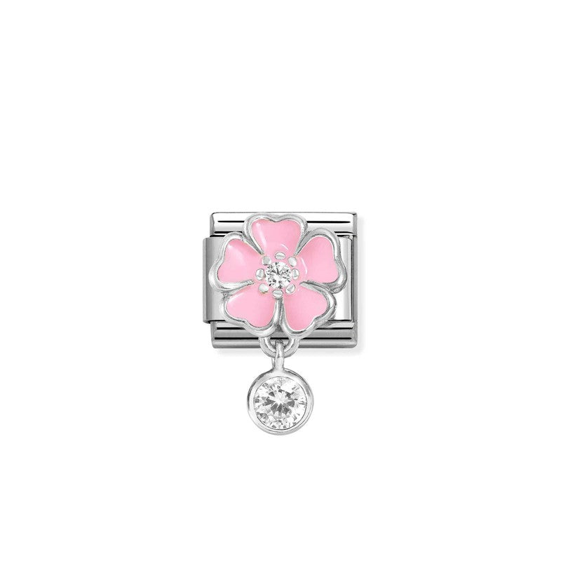 Nomination Composable Link Pink Flower, Round Stone Pendant, Silver & Enamel