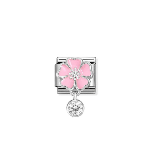 Nomination Composable Link Pink Flower, Round Stone Pendant, Silver & Enamel