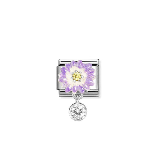 Nomination Composable Link Purple Flower Hanging Charm, Cubic Zirconia, Silver & Enamel