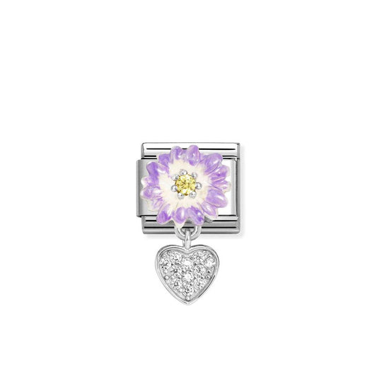 Nomination Composable Link Purple Flower, Heart Hanging Charm, Silver & Enamel
