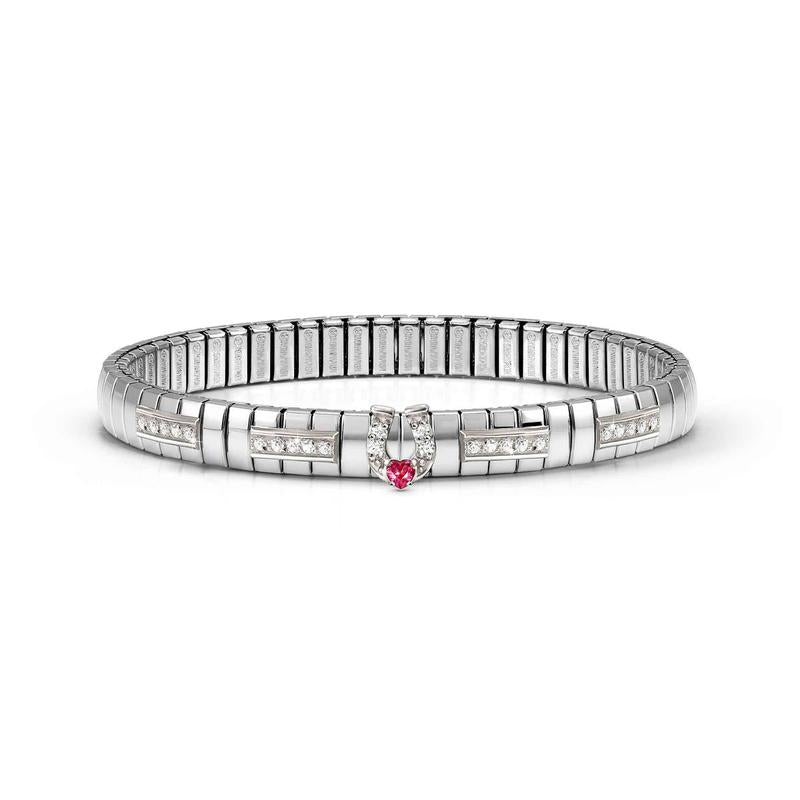 Nomination Extension Stretch Bracelet, Horseshoe Heart, Red CZ, Steel & 925 Sterling Silver