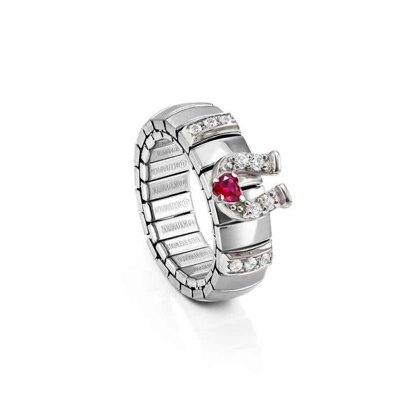 Nomination Extension Stretch Ring, Horseshoe Heart, Red CZ, Steel & 925 Sterling Silver