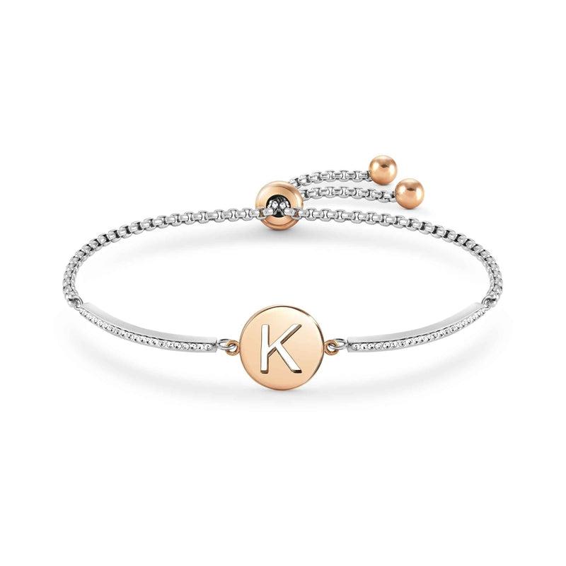 Nomination Milleluci Bracelet, Letter K, Crystal Pave, Rose PVD, Stainless Steel
