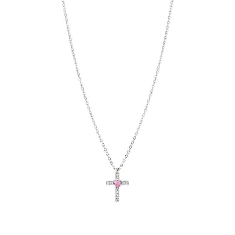 Nomination sterling silver cross necklace featuring a central pink cubic zirconia and sparkling white stones.