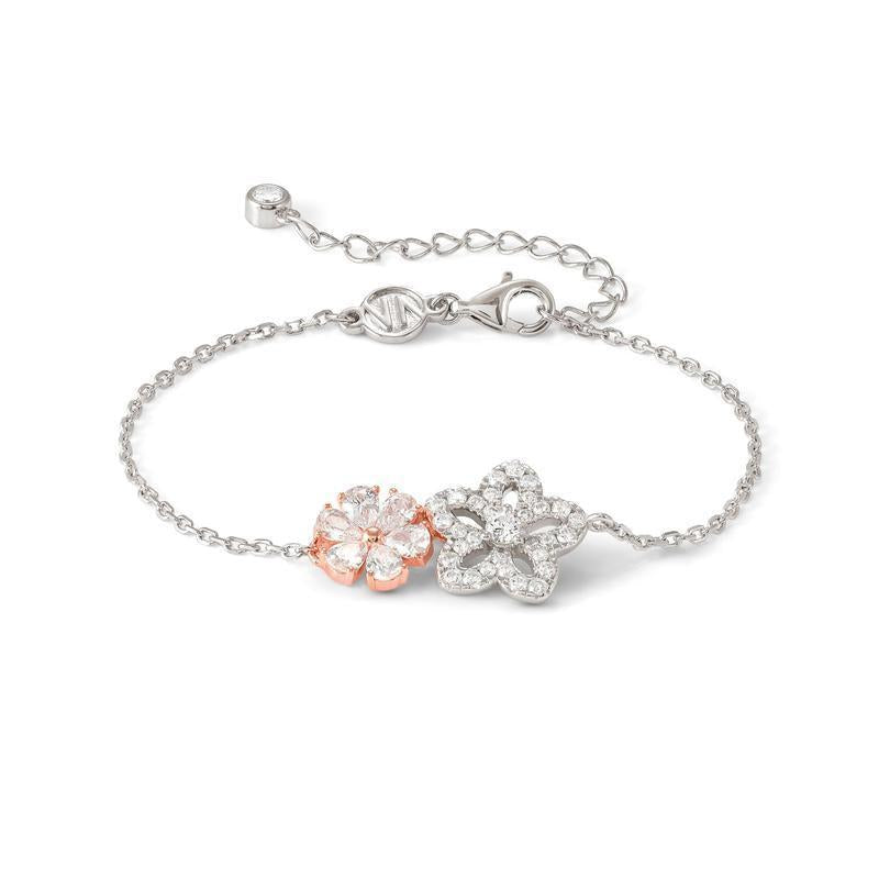 Nomination SweetMadame sterling silver bracelet featuring sparkling flower charms with white cubic zirconia and rose gold accents.