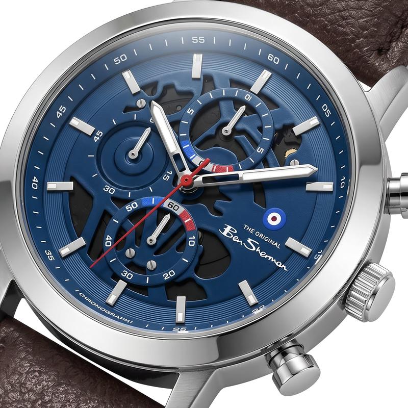 Online Product Title Ben Sherman Men's Skeleton Chronograph Watch with Blue Dial & Brown Leather Strap