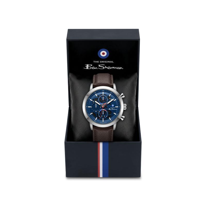 Online Product Title Ben Sherman Men's Skeleton Chronograph Watch with Blue Dial & Brown Leather Strap