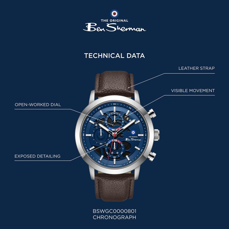 Online Product Title Ben Sherman Men's Skeleton Chronograph Watch with Blue Dial & Brown Leather Strap