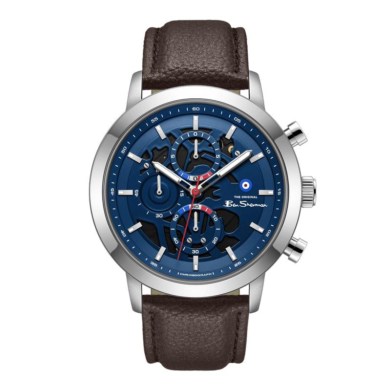 Online Product Title Ben Sherman Men's Skeleton Chronograph Watch with Blue Dial & Brown Leather Strap