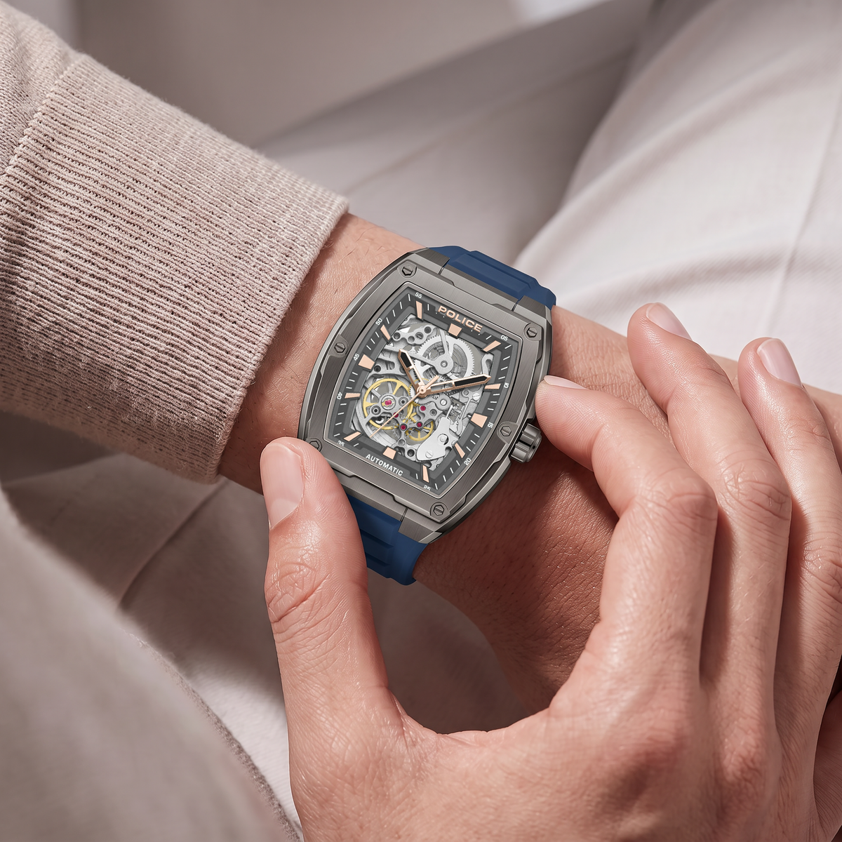 Police Skeletor Grey Dial Blue Strap Men's Automatic Watch
