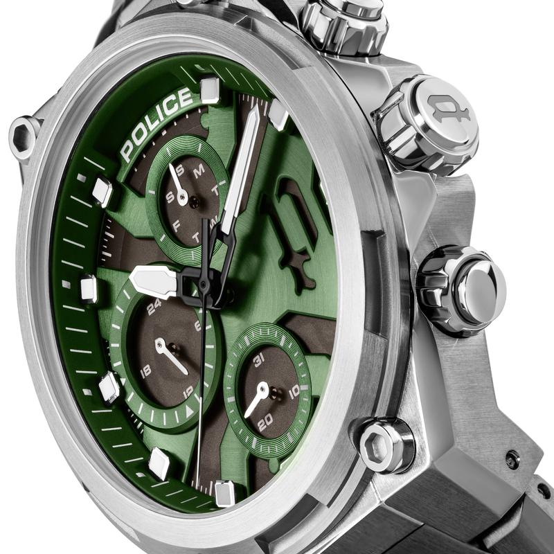 Police Airflow 43mm men's watch featuring a green hydraulic dial, black translucent sub-dials, and a robust steel bracelet.