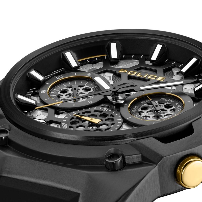 Police Challenger 46mm black multifunction watch with honeycomb dial, gold accents, and durable silicon strap.