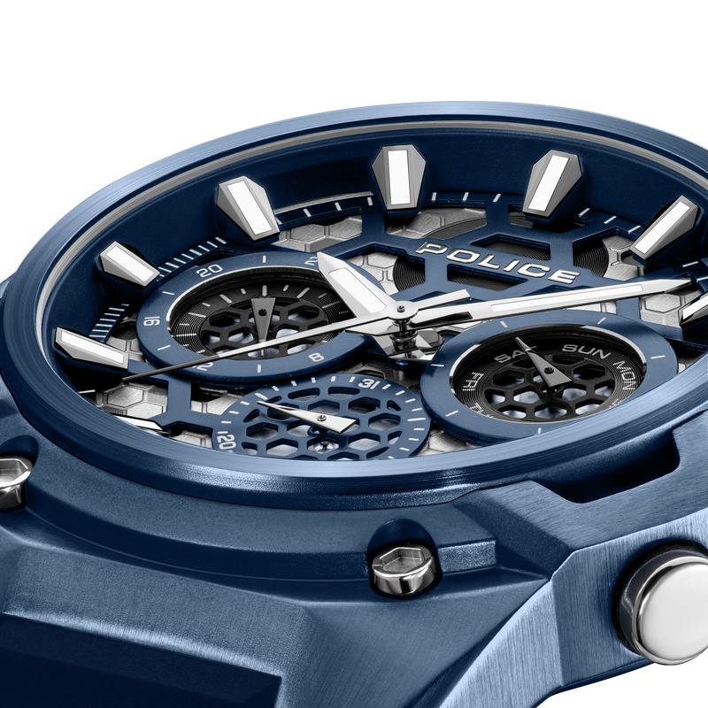 Police Challenger 46mm blue multifunction watch featuring a honeycomb dial, screw accents, and a sleek blue silicon strap.