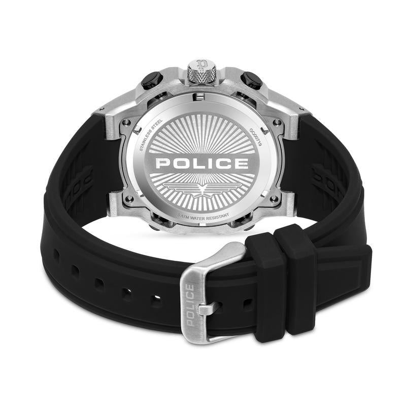Back view of Police Challenger 46mm watch with steel case, engraved logo, and durable black silicon strap.