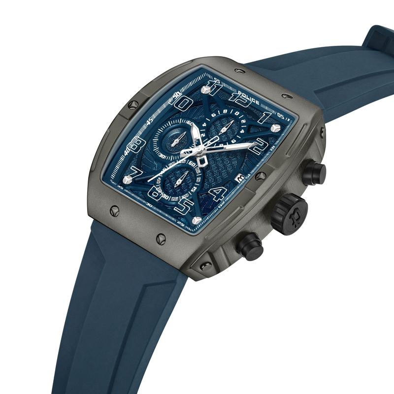 Police Coswig men's watch featuring a 45x50mm steel case, blue dial with multifunction subdials, and a durable blue silicon strap.