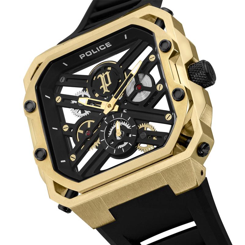 Police Disruptor I 45mm watch featuring a bold gold-tone metal case, skeleton dial, and sleek black silicone strap.