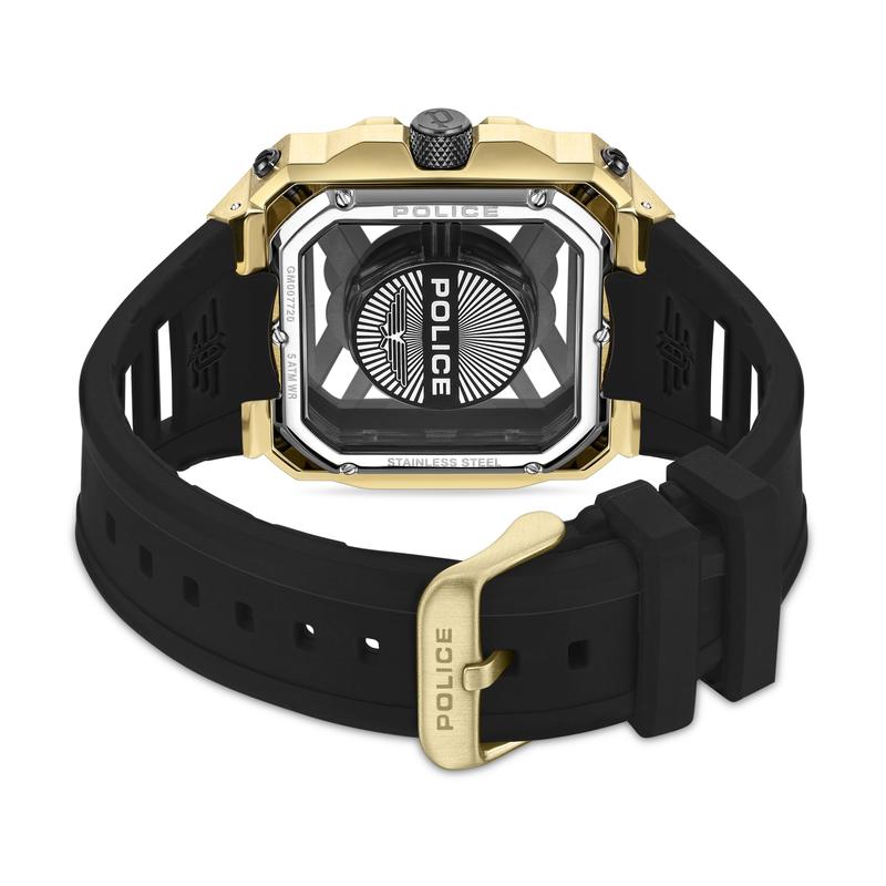 Police Disruptor I watch featuring a gold-tone case, black silicone strap, and detailed screw-accented back design.
