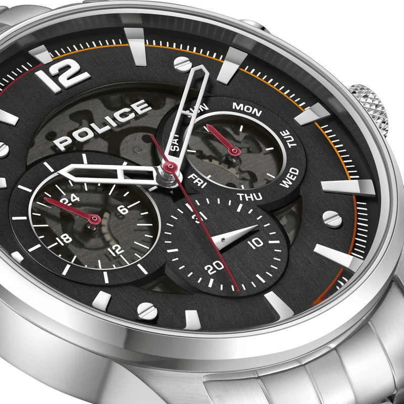 Police Driver II men's multifunction watch featuring a 43mm steel case, black dial, and durable metal band.