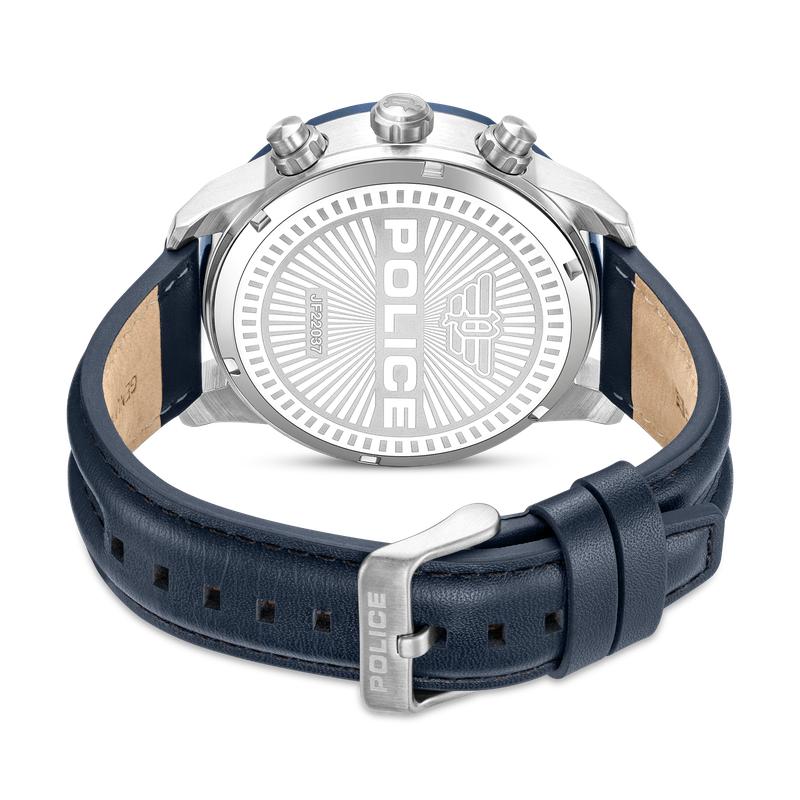 Back view of Police Huntley men's watch with steel case, engraved logo, and premium navy blue leather strap.