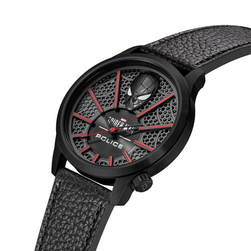 Police Spider-Man watch with black ion-plated case, 3D mask dial, red web accents, and textured black leather strap.